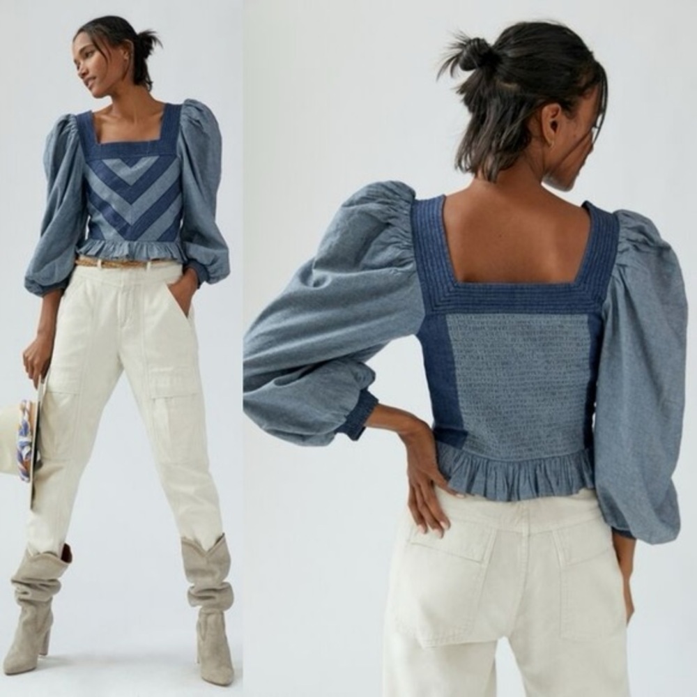 HP 🎉 Love The Label Anthropologie Smocked Puff Sleeve XXS P Blue Chevron Denim
